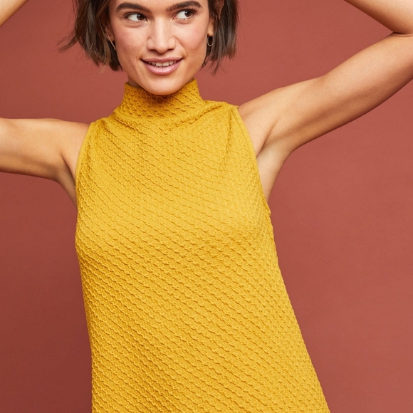 ERI + ALI Anthropologie Textured Mustard Yellow Sleeveless Mockneck Button Top L - Picture 8 of 9